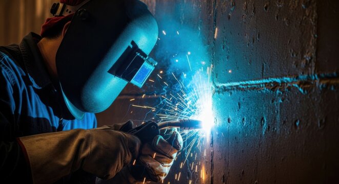 Man welder doing arc welding in dark industrial workshop with bright blue sparks and light. Professional metallurgy industry concept.