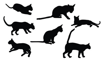 Collection of black cat silhouettes in various poses including sitting, walking, running, and jumping. Vector illustration for design, decoration, and creative projects.