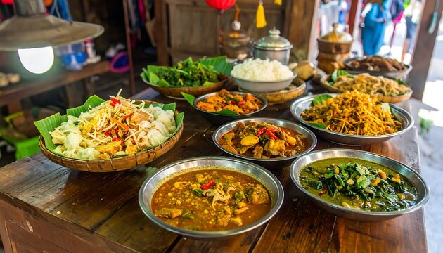 A diverse array of colorful and flavorful dishes are displayed on a rustic wooden table, showcasing a variety of Southeast Asian cuisine.