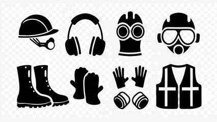 Essential safety gear: Workwear icons for construction, industry, and protection with clear line design