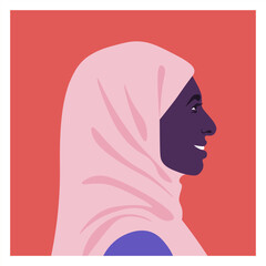Portrait of a happy African muslim woman. Profile of a smiling mother in a headscarf. Side view. Vector flat illustration