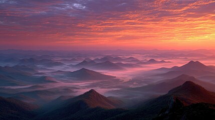 Obraz premium and keyword list based on the imageSunset Glows Over Mountains with Foggy Valleys in Vista