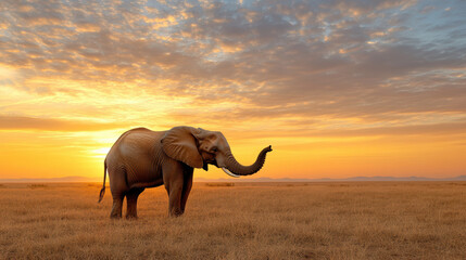 Naklejka premium Majestic elephant silhouette with raised trunk at sunset in golden grassland