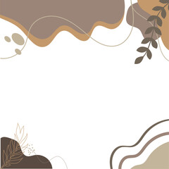 Modern abstract background with organic fluid shapes and minimalist botanical leaf elements. A neutral earth tone color palette for a calm, aesthetic design with copy space.