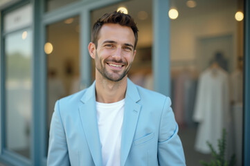 Obraz premium Smiling man light blue blazer white shirt standing outside modern fashion shop natural light confident stylish urban casual cheerful mood