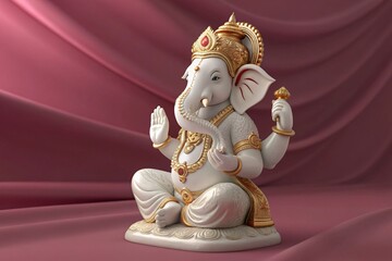 An Exquisite Ganesha Idol Adorned in Rich Gold Sitting Gracefully on a Pedestal with Folded Hands in Blessing