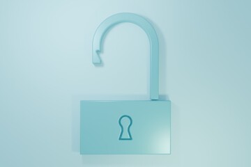 Blue Open padlock icon isolated on blue background. Opened lock sign. Cyber security concept. Digital data protection. Minimalism concept. 3D render illustration