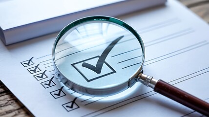 Magnifying glass focusing on a completed checklist with a prominent checkmark symbolizing accuracy and completion of tasks