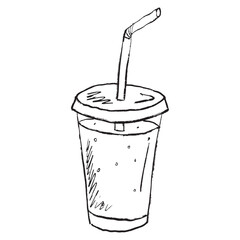Soda drink in disposable plastic free cup with straw in black brush stroke texture isolated on white. Hand drawn vector sketch illustration in vintage charcoal ink. Cafe, street food