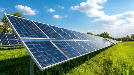 Solar panels in green field under bright blue sky create sustainable energy landscape