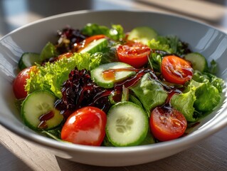 Salad Being Served Leafy Greens, Tomato, Cucumber Bowl on Table Surface.