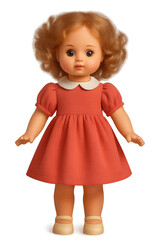 Vintage doll with curly hair wearing a red dress and cute shoes in a playful setting
