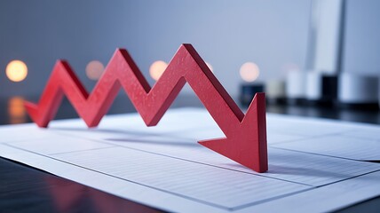 Red downward trending arrow graph on financial documents symbolizing economic recession and stock market decline