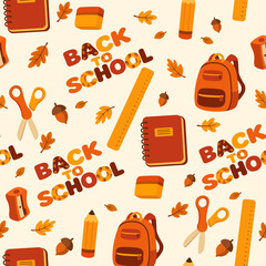 Seamless autumn school supplies pattern with back to school lettering
