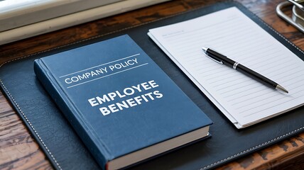 Employee benefits book and notepad with pen on a desk representing company policy and human resources documentation