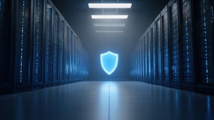 Shield glowing in server room, data protection concept. IT security background