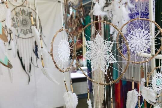 Dreamcatchers hanging at a market stall