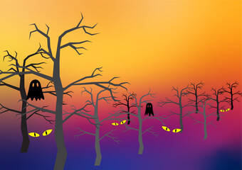 Halloween theme, dry tree in dead forest with yellow eyes and ghosts.