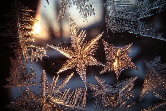 Ice crystals on a window, backlit by the sun