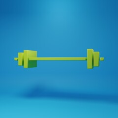 Obraz premium Green Barbell icon isolated on blue background. Muscle lifting icon, fitness barbell, gym, sports equipment, exercise bumbbell. Minimalism concept. 3D render illustration
