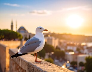 Obraz premium Seagull perched at sunset over cityscape