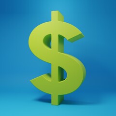 Obraz premium Green Dollar symbol icon isolated on blue background. Cash and money, wealth, payment symbol. Casino gambling. Minimalism concept. 3D render illustration