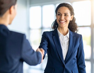 Professional businessmen and women smiling while shaking hands, symbolizing successful teamwork and corporate success