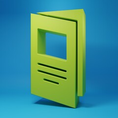 Green Brochure template layout icon isolated on blue background. Corporate business annual report, catalog, magazine, flyer mockup. Minimalism concept. 3D render illustration