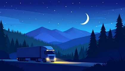 A semi-truck travels a mountain road under a starry night sky.