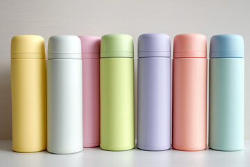 Soft pastel colored plastic water bottles on a white background