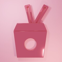 Pink Asian noodles in paper box and chopsticks icon isolated on pink background. Street fast food. Korean, Japanese, Chinese food. Minimalism concept. 3D render illustration