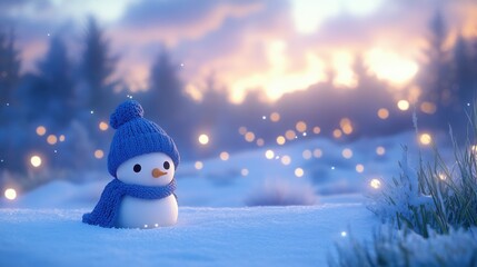 Obraz premium Winter Wonderland Cute Snowman in Blue.