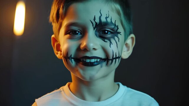 Halloween boy with spooky skeleton face paint blinking and smiling, cinematic child portrait video with scary makeup and dramatic lighting for holiday celebration and costume concept