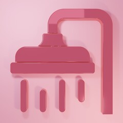 Fototapeta premium Pink Shower head with water drops flowing icon isolated on pink background. Minimalism concept. 3D render illustration