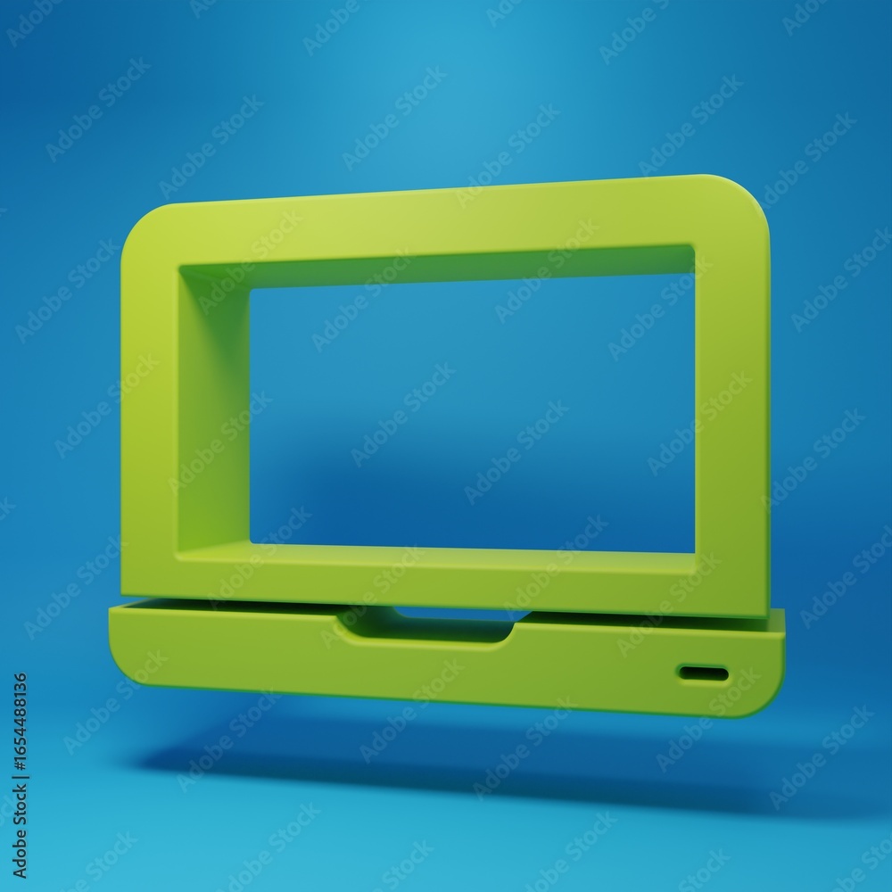 Wall mural green laptop icon isolated on blue background. computer notebook with empty screen sign. minimalism 
