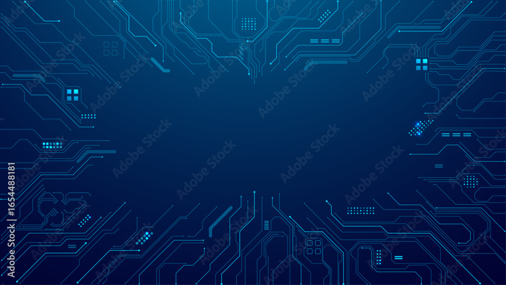 Wall mural circuit board frame with an empty place in the center on a technology blue background. ai innovation