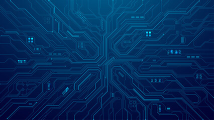 Abstract AI circuit board background. Tech pattern with chipset, semiconductors, and electronics components. Blue computer technology texture on a dark backdrop cover. Digital vector illustration. 