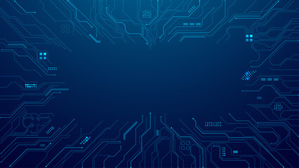 Circuit board frame with an empty place in the center on a technology blue background. AI innovation concept. Tech template for web and presentations. Digital vector illustration