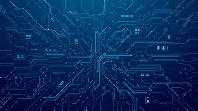 Abstract AI circuit board background. Tech pattern with chipset, semiconductors, and electronics components. Blue computer technology texture on a dark backdrop cover. Digital vector illustration. 
