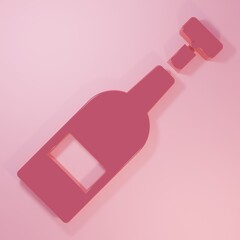 Pink Opened bottle of wine icon isolated on pink background. Minimalism concept. 3D render illustration