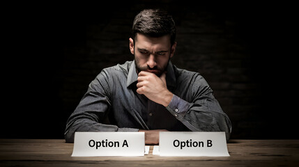 A man contemplates a difficult choice between 'Option A' and 'Option B.' The dramatic lighting and serious expression highlight a moment of critical decision-making.

