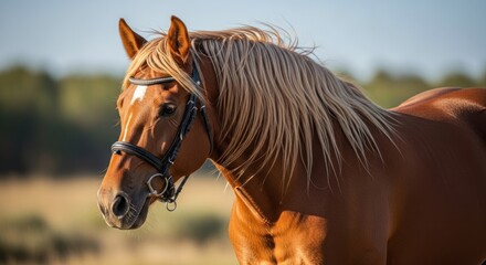 Obraz premium Close-up of a reddish-brown horse's head and neck, with a flowing mane and bridle