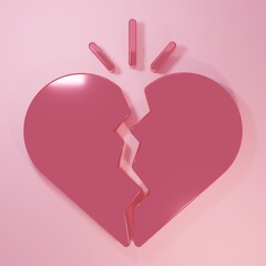 Pink Broken heart or divorce icon isolated on pink background. Love symbol. Valentines day. Minimalism concept. 3D render illustration
