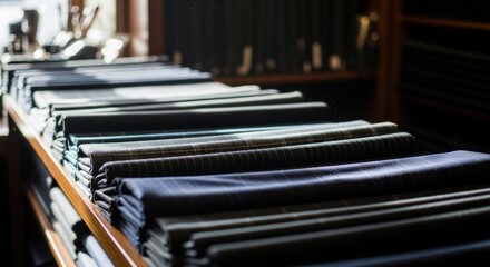 Fototapeta premium Rows of fabric swatches, various patterns and colors, in a tailor shop