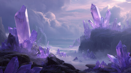 Purple crystal formations landscape misty background