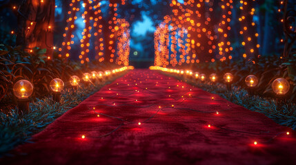 Red carpet pathway lined with warm fairy lights in a magical forest at night.