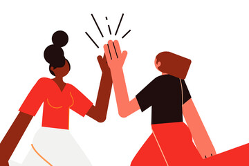 Vector illustration of two women jumping and giving a high five. Celebration, teamwork, success, motivation, friendship, and collaboration concept in colorful flat character design. High res PNG