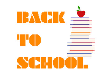 Back to School pixel art text with red apple on stack of books. Educational illustration with retro 8-bit style typography on isolated background for academic designs