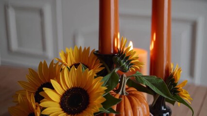 Fall centerpiece arrangement with sunflowers and candles for autumn decor - Powered by Adobe