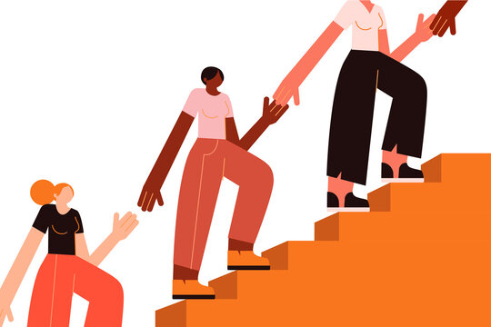 lat vector illustration of diverse women climbing stairs, supporting and helping each other succeed. Symbol of empowerment, solidarity, progress, community, and connection. High resolution PNG